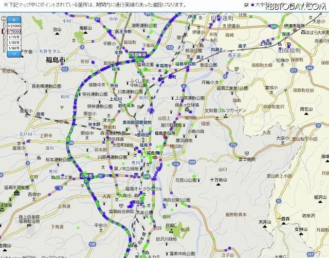 大中型トラックは青色、小型トラックは緑色で表示されている 大中型トラックは青色、小型トラックは緑色で表示されている