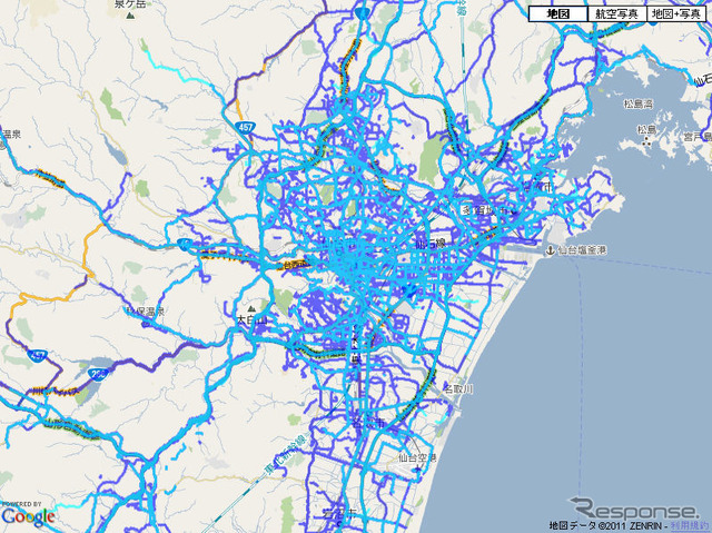 4月11日までの通れた道路状況（写真：PC サイト仙台市周辺の閲覧画面）