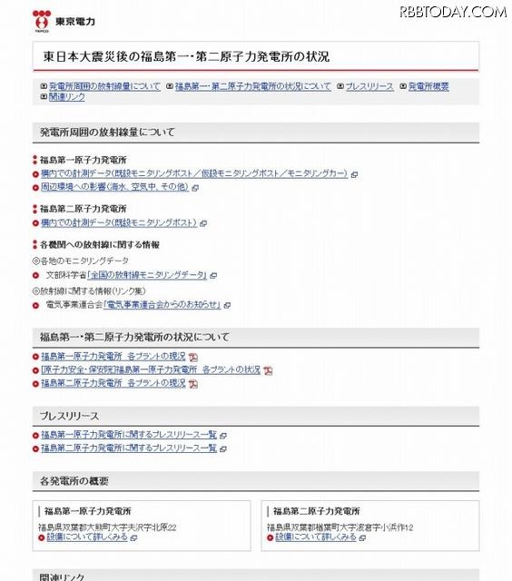 「東日本大震災後の福島第一・第二原子力発電所の状況」サイト（画像） 「東日本大震災後の福島第一・第二原子力発電所の状況」サイト（画像）