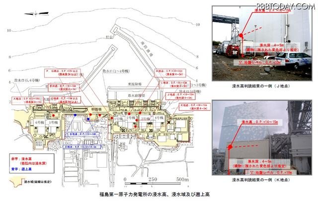 福島第一原子力発電所の浸水高、浸水域及び遡上高 福島第一原子力発電所の浸水高、浸水域及び遡上高