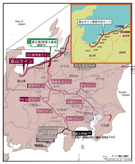 天然ガスパイプラインマップ:富山ライン建設予定ルート