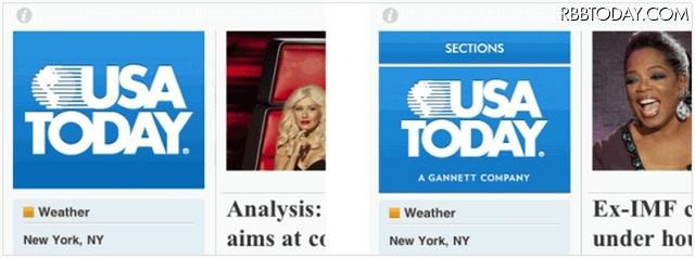 USA Todayのセクションのナビゲーション。左： 1年前及び今月初旬にテストしたもの。右： Sectionsボタンが明示された新しいデザイン。