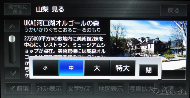 解説文は文字の大きさを4段階に切り替えが可能。写真サイズも拡大できる