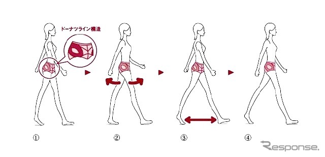 （1）ドーナツライン構造が股関節を支え，腰を安定させる。（2）左右のぶれが少なくなり、脚を前後に動かしやすくなる。（3）歩幅が広がり、歩くスピードがアップする。（4）カロリー消費に適したエクササイズ歩行への変化が期待できる。