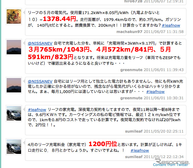 日産の公式twitterに寄せられたリーフユーザーの電気料金の情報