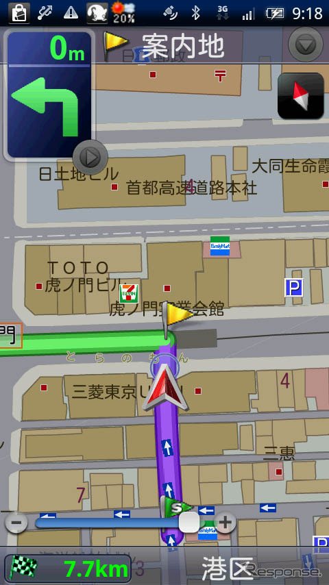 ビル街の路地から出た際にもほぼ正確に位置を表示して分岐をガイドした