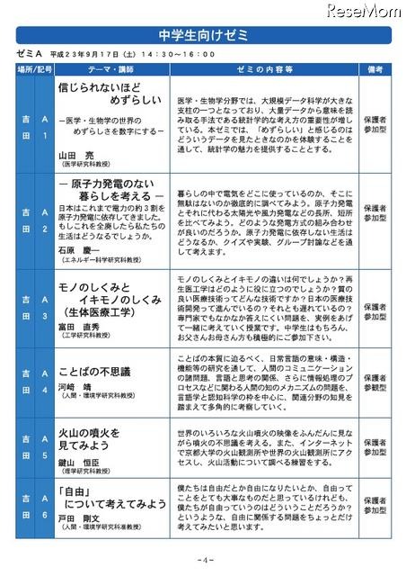 中学生向けの大学の授業「京都大学ジュニアキャンパス2011」9/17・18 中学生向けゼミ
