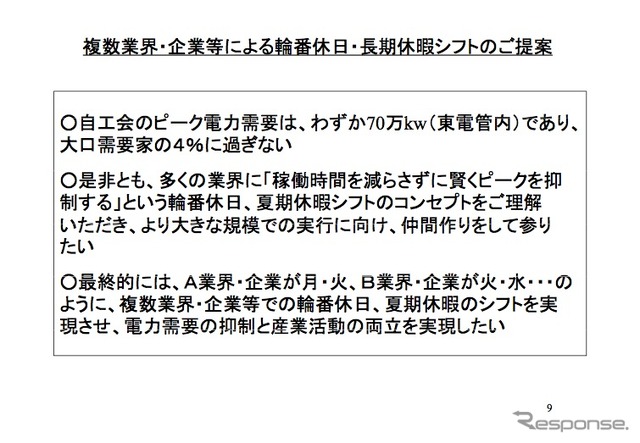 自動車工業会による「夏期電力需要抑制に向けた輪番休日・夏期休暇シフトの提案」