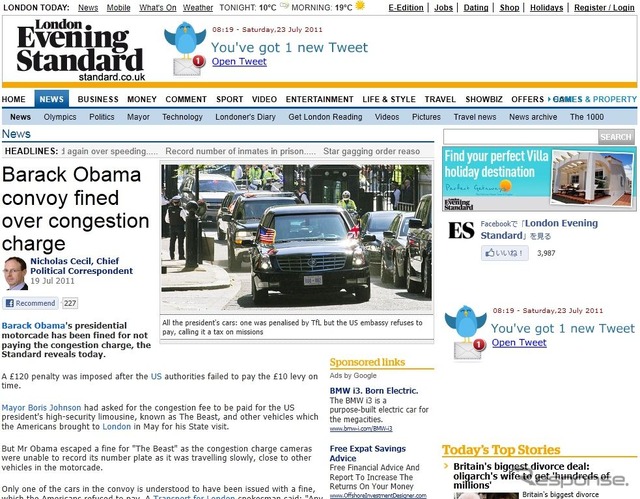 今年5月の大統領ロンドン訪問時のロードプライシング課金問題を伝える英『London Evening Standard』