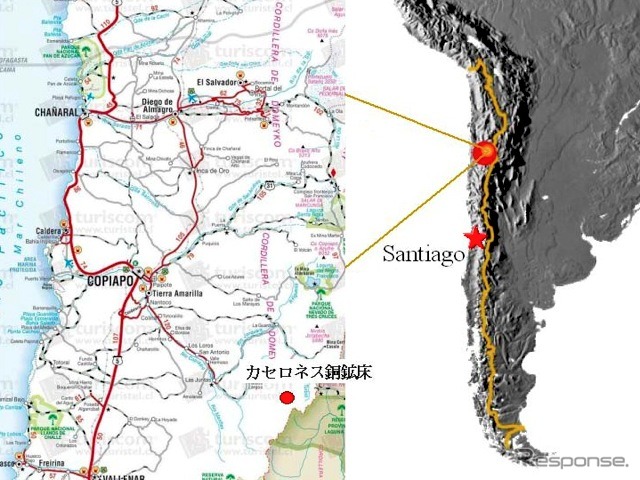 カセロネス銅・モリブデン鉱床の所在地。チリ第III州の州都コピアポ(Copiapo)から南東162km、アルゼンチンとの国境まで15kmに所在。鉱床付近の標高は4200~4600m。