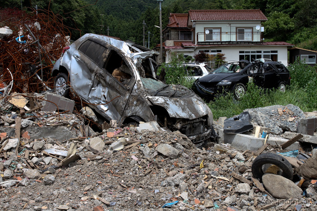 私有地にある被災車両の撤去はまだ完了していない。女川町