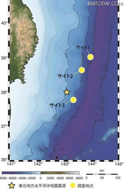 今回の調査の海域マップ。星印が震源、黄色丸印が調査海域