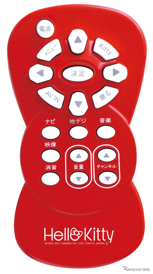 付属のワイヤレスリモコン。ハローキティのリボンの形状を象ったデザインを採用。モード切替も含む一通りの操作ができる