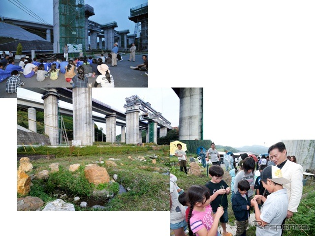 新東名の的場高架橋。左上:ホタル観賞会、右下:自然体験学習