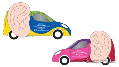 耳カーイメージ。青:J-WAVE仕様、ピンク:エフエム東京