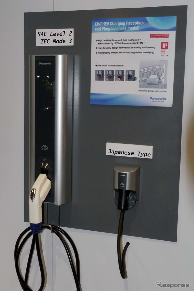 家庭用設置を視野に入れたEV車用充電端末。単相200Vでの利用ができ、価格は単体で15万円