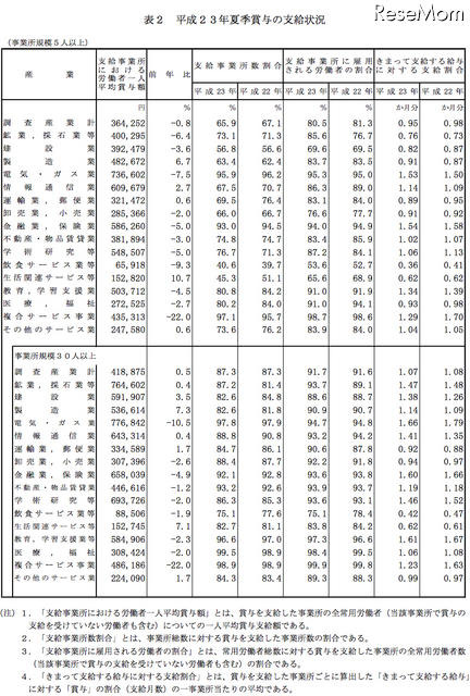 2011年夏季賞与の支給状況