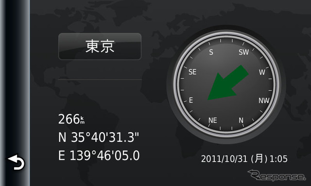 電子コンパスは徒歩ナビで役に立つだけでなく、独立したコンパス機能としても用意されている。この時選んだ都市の方角を矢印で表示する。