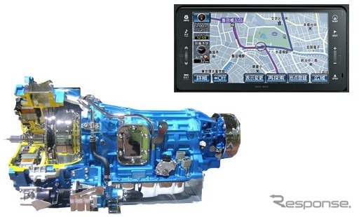 商用車用ハイブリッド・オートマチックトランスミッション・システム(左下)とトヨタ純正日本向けHDDボイスナビゲーションシステムNHZA-W61G