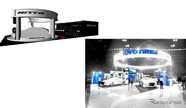 東京オートサロン12、NITTOブース(左上)とTOYOブース(イメージ)。