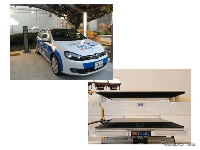 試験用電気自動車(左上)と非接触給電評価機(出力3.3kW)