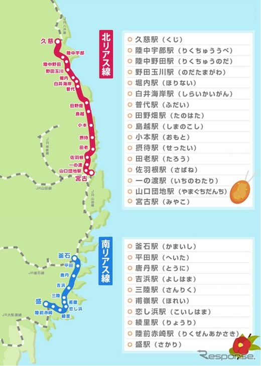 2月19日現在の運行状況は、北リアス線：久慈〜陸中野田、宮古〜小本が運行中、南リアス線：全線運転見合わせ。（写真：三陸鉄道路線図）