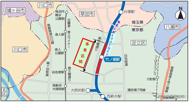 工事区間は2005年の踏切死傷事故の現場である駅南側「大踏切」を含む約1.7km