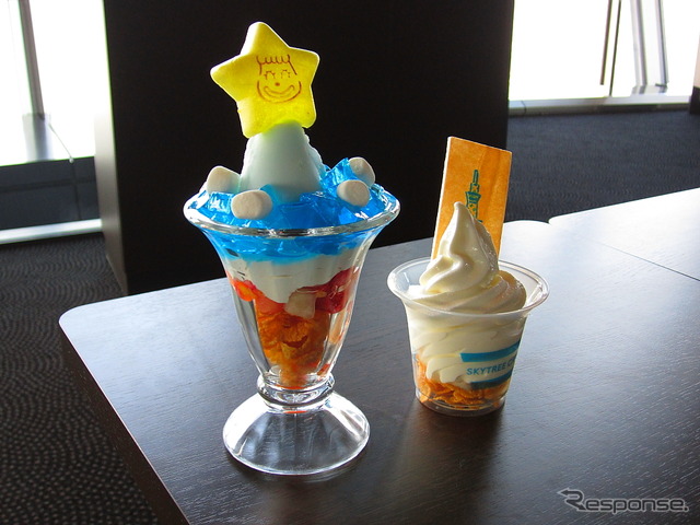 天望デッキで販売されている「ソラカラちゃんパフェ」と「スカイソフト」