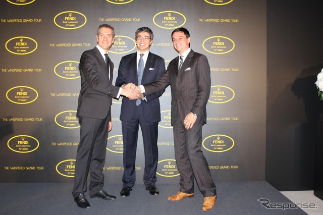 フェンディ・ジャパン・カンパニー CEOのジャン・フィリッポ・テスタ氏（左）、駐日イタリア大使名代のジョゼッペ・チリーノ氏（中）、マセラティジャパンCEOファブリッツィオ・カッツォーリ氏（右）