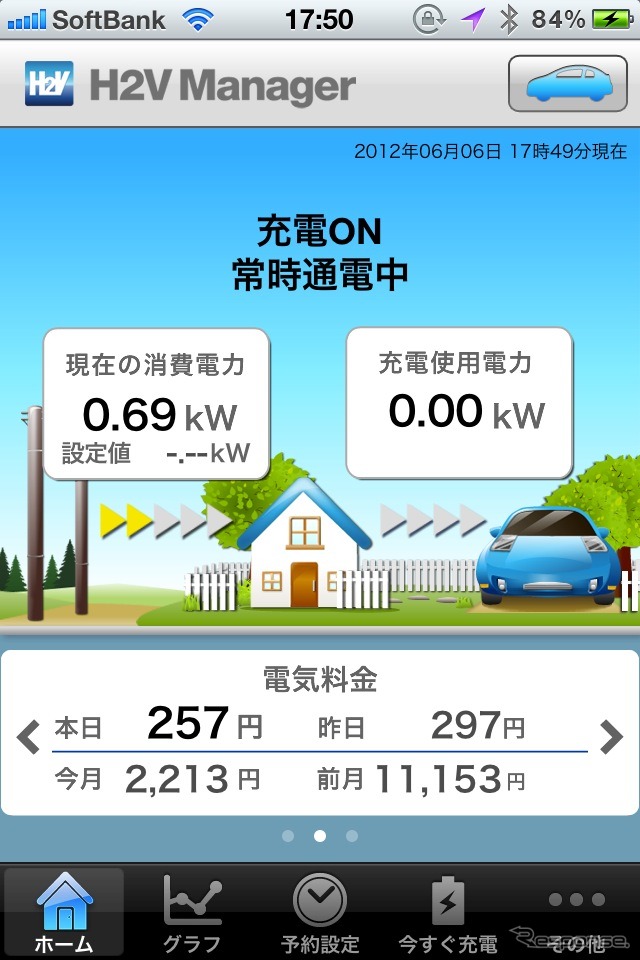 H2Vマネージャーのスマートフォンアプリ。電気料金確認画面