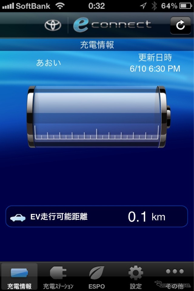 eConnect(イーコネクト)充電情報表示画面