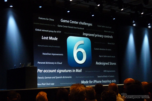 アップルの開発者向けイベントWWDC 2012（Apple World Wide Developpers Conference 2012）の基調講演、iOS 6のプレゼンテーションの様子。