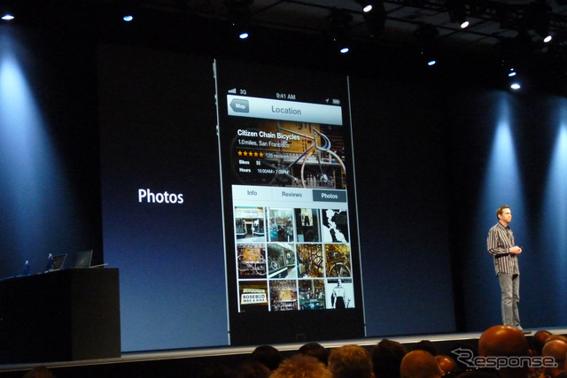 アップルの開発者向けイベントWWDC 2012(Apple World Wide Developpers Conference 2012)の基調講演、iOS 6のプレゼンテーションの様子。