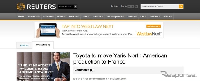 北米向けヴィッツの生産拠点が日本からフランスへ移管されると伝えた『ロイター』