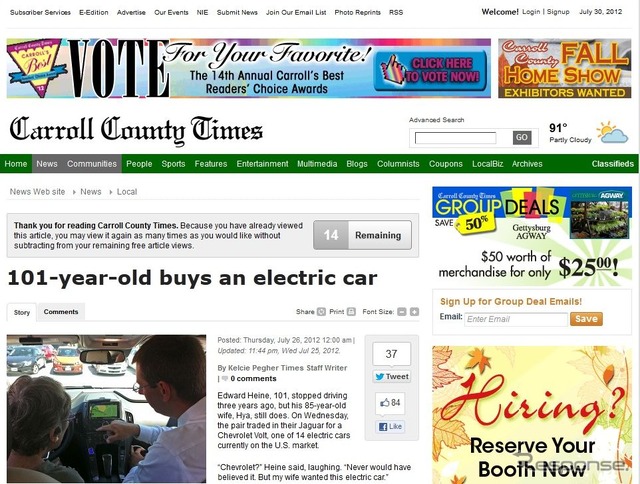 101歳のエドワード・へインさんがシボレーボルトを購入したと伝える米メリーランド州の『Carroll County Times』