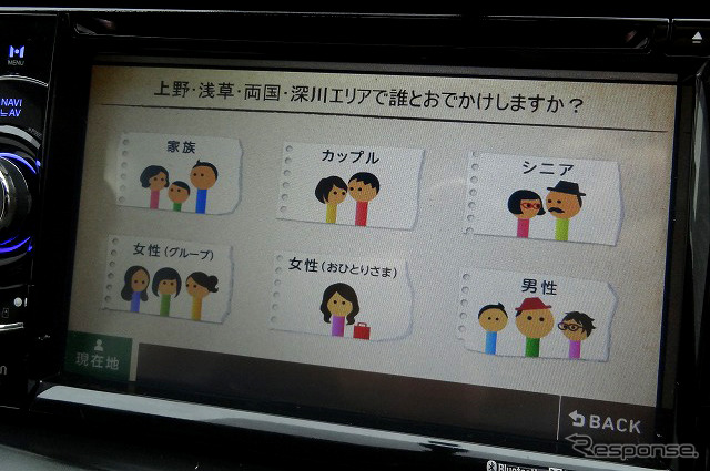 ドライブの相手が「誰なのか」を選ぶだけで、その相手にマッチした目的地を選んで表示してくれる機能。