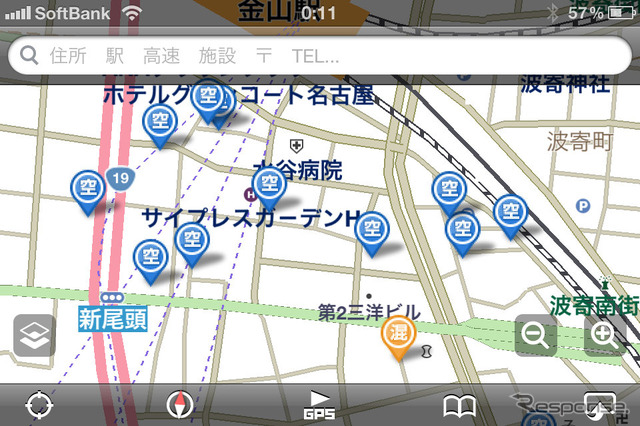 駐車場の空満情報を表示したところ。空きのある駐車場だけを表示させることも可能だ。