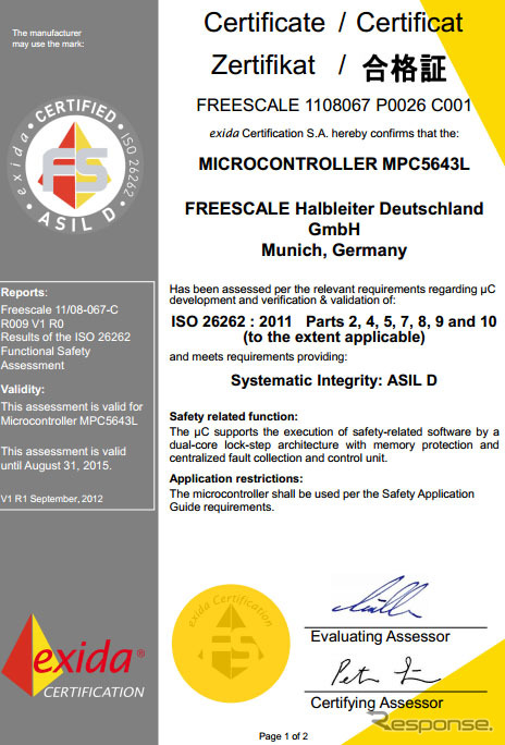 ISO 26262機能安全規格の合格証
