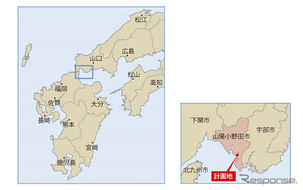 三井不動産・山口県山陽小野田太陽光発電計画の位置図