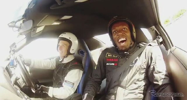 ミハエル・クルム選手のドライブで日産GT-Rの限界走行を体験したウサイン・ボルト選手