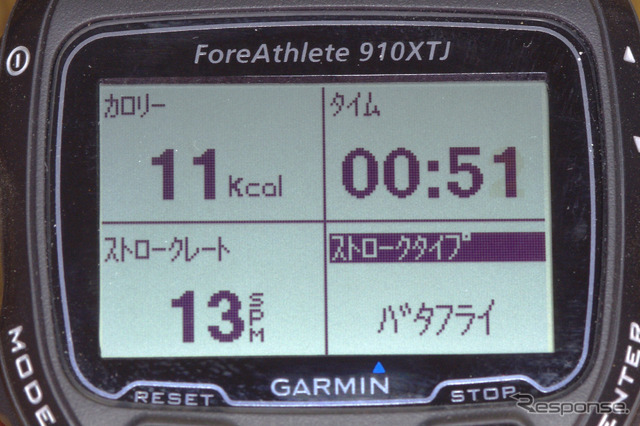 スイムでの画面。泳法(ストロークタイプ)はディスプレイに表示しても意味が無いが、記録しておくことで、あとからタイムを参照するときにどの泳法でのタイムなのかを確認できる。