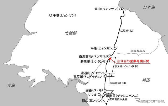 京元線は現在の韓国・ソウルと北朝鮮・元山(ウォンサン)間を結んでいた。朝鮮戦争後の分断区間は新炭里(シンタンリ)~平康(ピョンガン)間だったが、このほど白馬高地(ペンマゴジ)~ピョンガン間に縮小された。