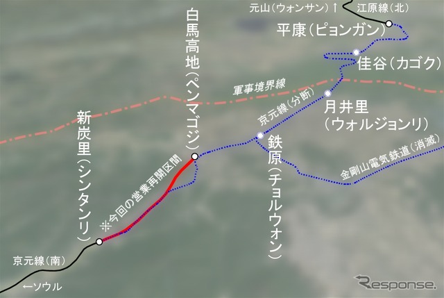 新炭里(シンタンリ)~平康(ピョンガン)間のルート。今回営業を再開したシンタンリ~白馬高地(ペンマゴジ)間はルートを一部変更している。