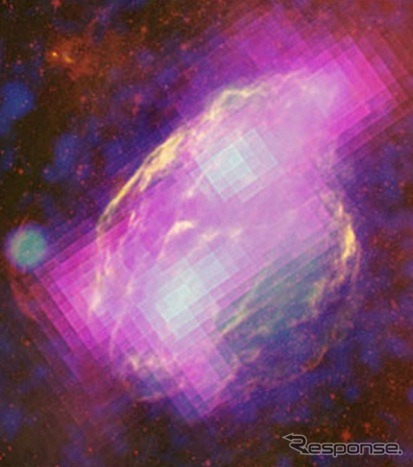 超新星残骸W44の画像。マゼンタがガンマ線画像。黄色、赤、青はそれぞれ、電波、赤外線、X線で得られている画像