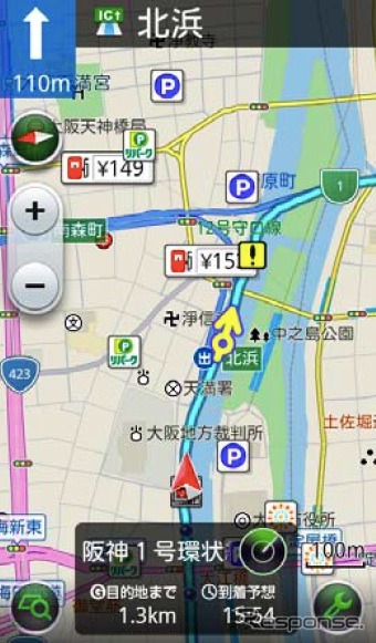 スマートフォンアプリの画面、過去に事故が多く発生している場所を地図と音声により案内