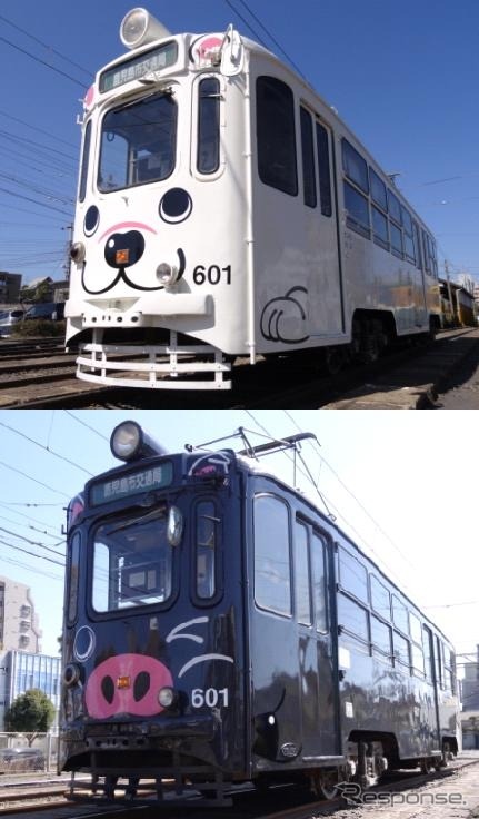 「白くま黒豚電車」として塗装が変更された鹿児島市電600形（601号）。