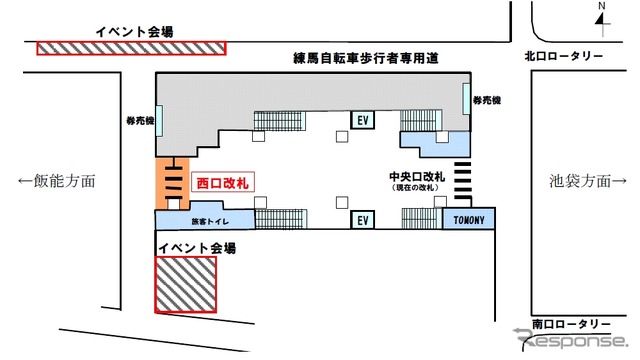 西口と完成イベント開催場所の位置。