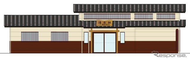 涌谷駅新駅舎のイメージ（駅前広場側）。涌谷城下町の町屋を再現している。