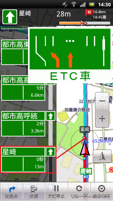 ハイウェイモード。料金所ではETCのレーンをわかりやすく表示してくれる。