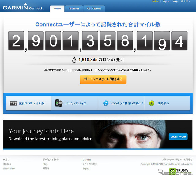 GARMIN Connectにアクセスし、アカウントを取得する。トップページの表示はすべてのユーザーの合計マイル数で、現在は29億マイルほど。